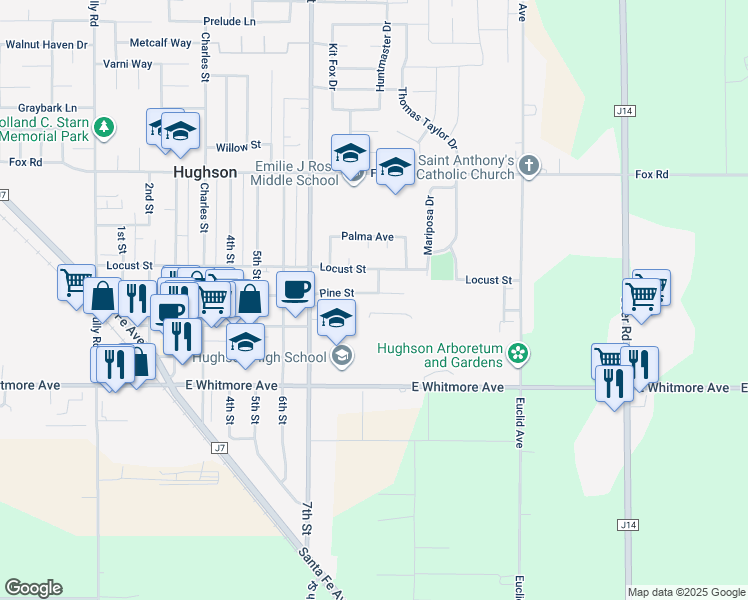 map of restaurants, bars, coffee shops, grocery stores, and more near 7454 Pine Street in Hughson
