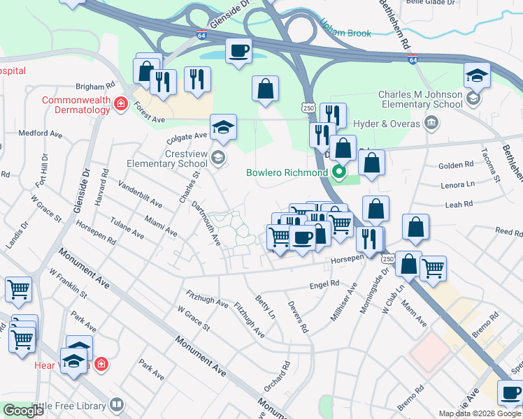 map of restaurants, bars, coffee shops, grocery stores, and more near 2010 Redman Road in Richmond