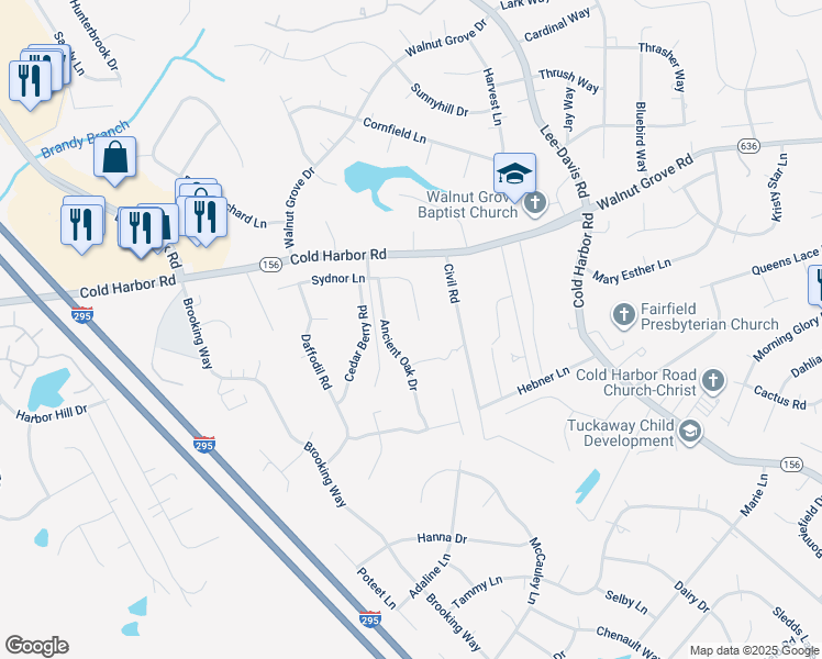 map of restaurants, bars, coffee shops, grocery stores, and more near 7129 Sydnor Lane in Mechanicsville