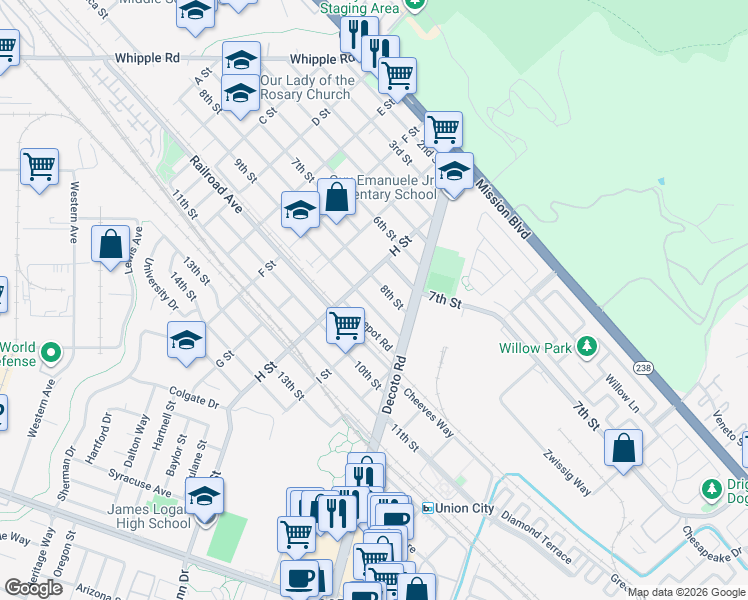 map of restaurants, bars, coffee shops, grocery stores, and more near 33834 9th Street in Union City