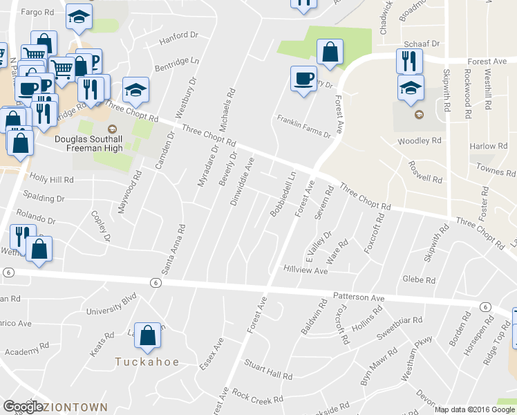 map of restaurants, bars, coffee shops, grocery stores, and more near 1311 Santa Rosa Road in Henrico