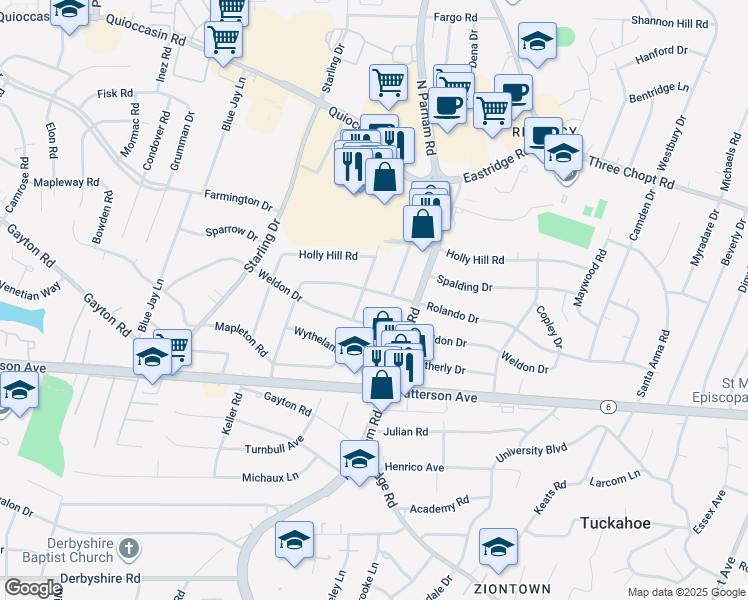 map of restaurants, bars, coffee shops, grocery stores, and more near 8609 Rolando Drive in Richmond