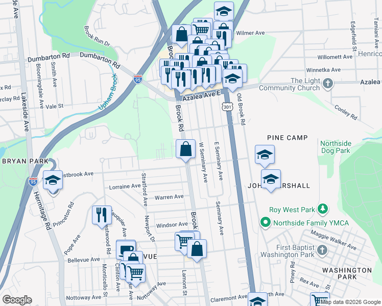 map of restaurants, bars, coffee shops, grocery stores, and more near 4806 West Seminary Avenue in Richmond