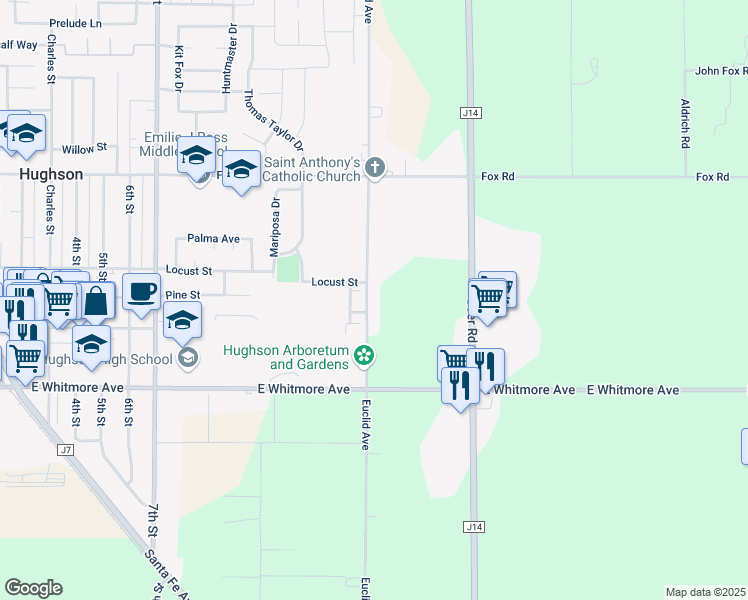 map of restaurants, bars, coffee shops, grocery stores, and more near 2300 Euclid Avenue in Hughson