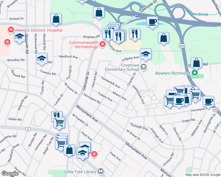 map of restaurants, bars, coffee shops, grocery stores, and more near 7001 Miami Avenue in Richmond