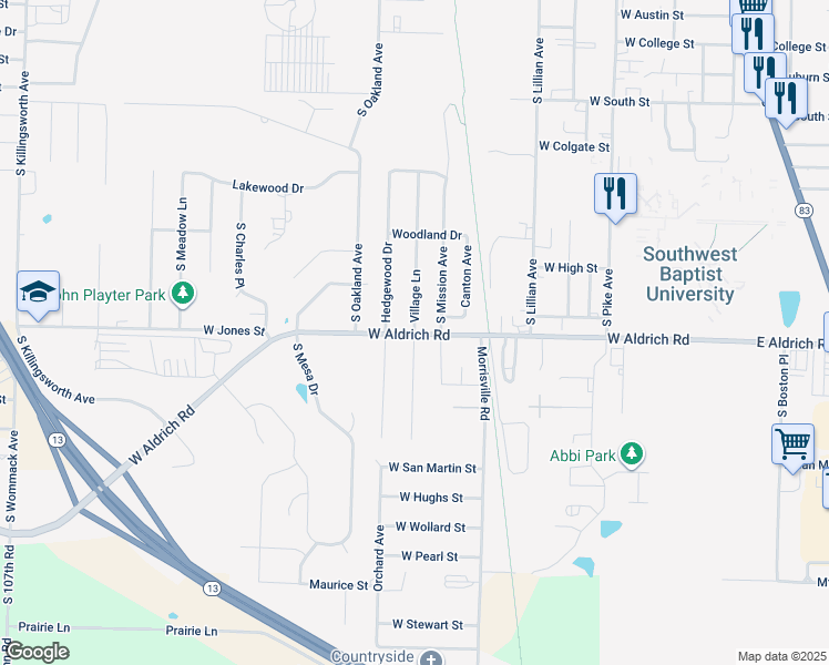 map of restaurants, bars, coffee shops, grocery stores, and more near 1798 Village Lane in Bolivar