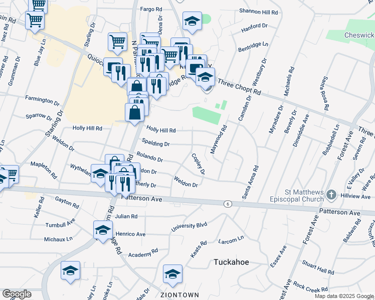map of restaurants, bars, coffee shops, grocery stores, and more near 1208 Bridle Lane in Richmond