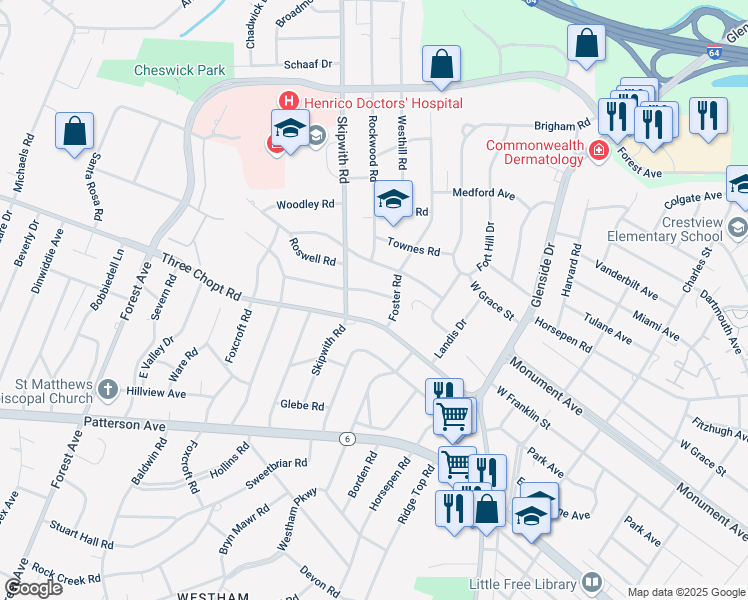 map of restaurants, bars, coffee shops, grocery stores, and more near 7404 Three Chopt Road in Richmond