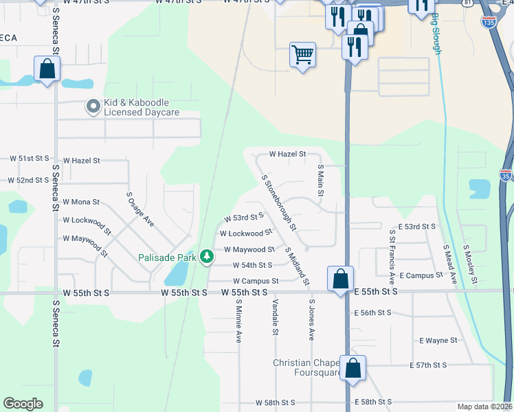 map of restaurants, bars, coffee shops, grocery stores, and more near 5351 South Midland Circle in Wichita