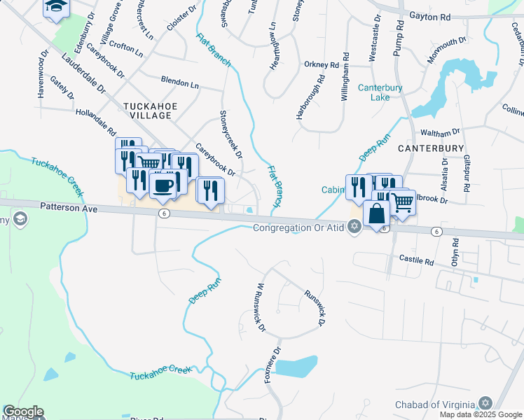 map of restaurants, bars, coffee shops, grocery stores, and more near 1169 Careybrook Drive in Henrico