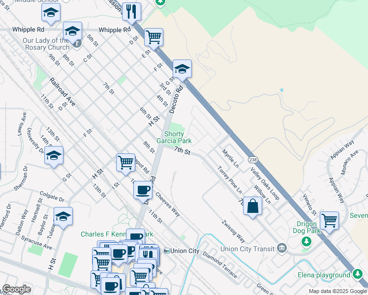 map of restaurants, bars, coffee shops, grocery stores, and more near 33942 7th Street in Union City