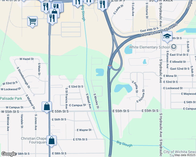map of restaurants, bars, coffee shops, grocery stores, and more near 924 East Mona Circle in Wichita