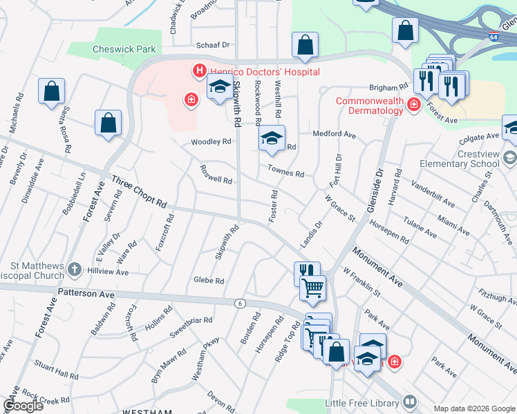map of restaurants, bars, coffee shops, grocery stores, and more near 7404 Three Chopt Road in Richmond