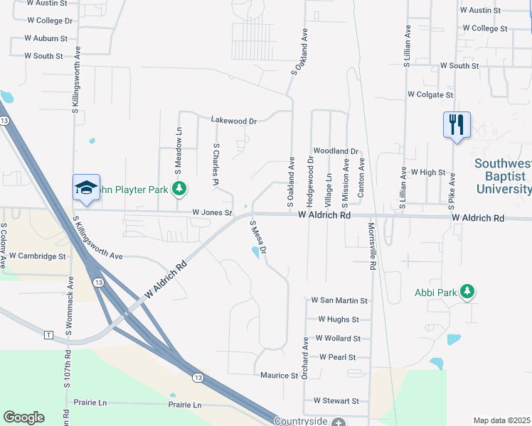map of restaurants, bars, coffee shops, grocery stores, and more near 1000-1220 W Aldrich Rd in Bolivar
