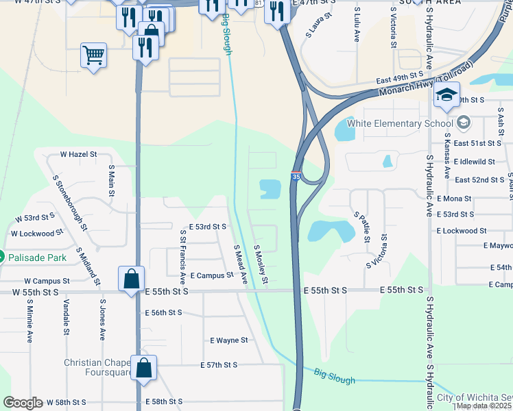 map of restaurants, bars, coffee shops, grocery stores, and more near 925 East Mona Circle in Wichita