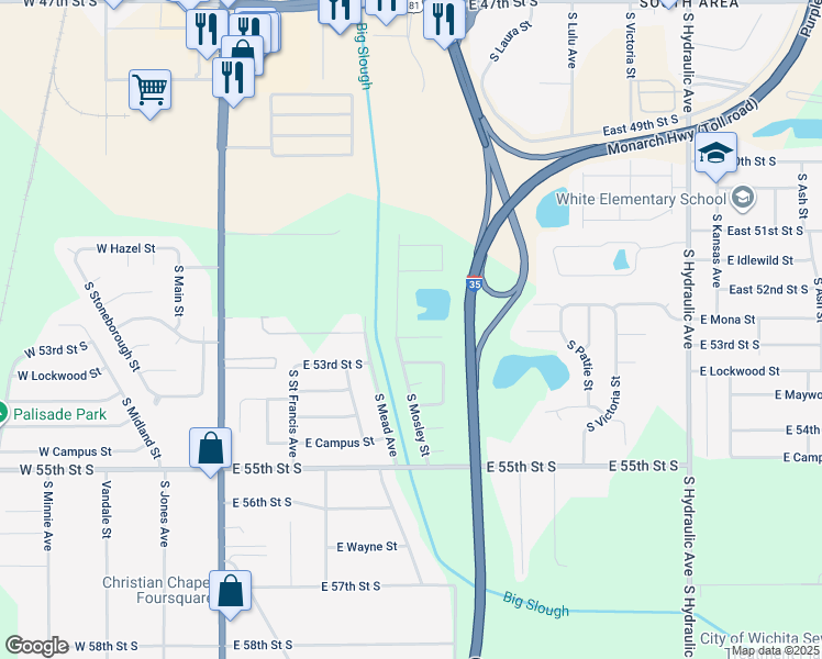 map of restaurants, bars, coffee shops, grocery stores, and more near 925 East Mona Circle in Wichita