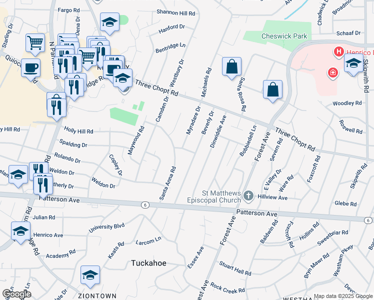 map of restaurants, bars, coffee shops, grocery stores, and more near 8205 Rexford Road in Henrico