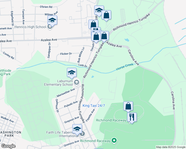 map of restaurants, bars, coffee shops, grocery stores, and more near 4500 Richmond Henrico Turnpike in Richmond