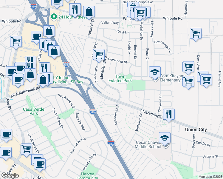 map of restaurants, bars, coffee shops, grocery stores, and more near 2436 Almaden Boulevard in Union City