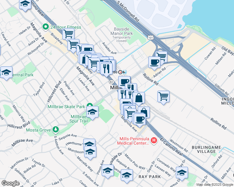 map of restaurants, bars, coffee shops, grocery stores, and more near 88 South Broadway in Millbrae