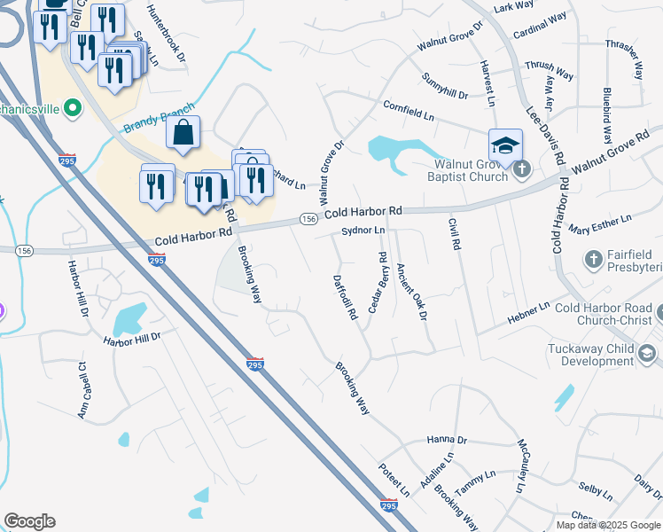 map of restaurants, bars, coffee shops, grocery stores, and more near 7030 Daffodil Rd in Mechanicsville