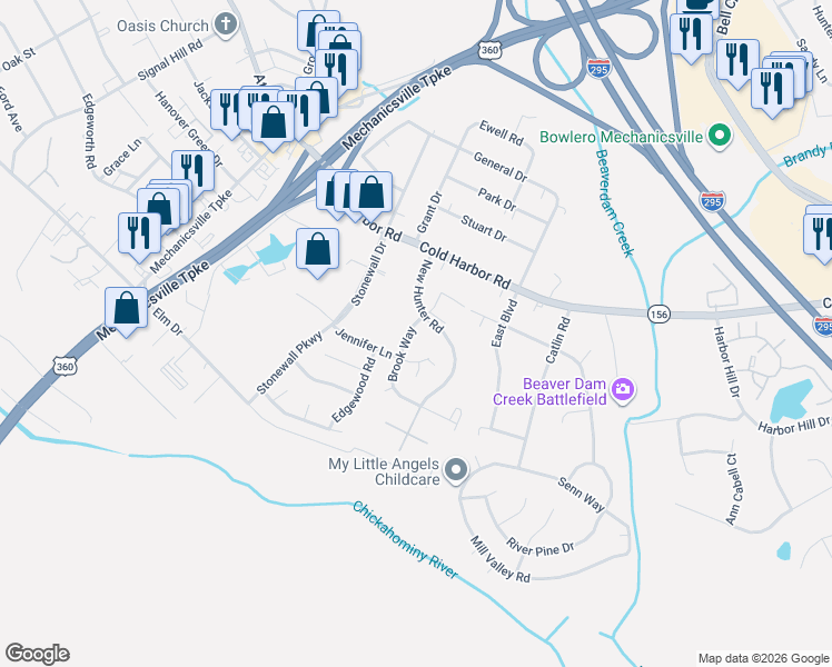 map of restaurants, bars, coffee shops, grocery stores, and more near 7440 Jennifer Circle in Mechanicsville