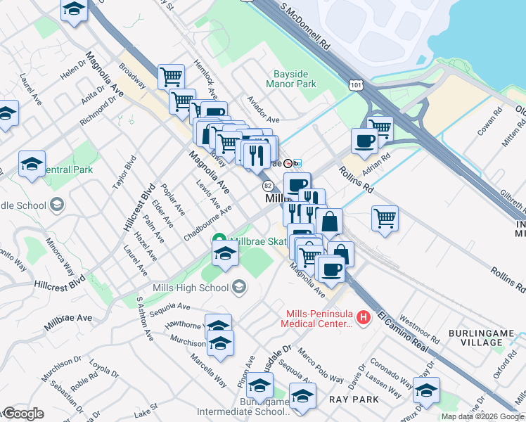 map of restaurants, bars, coffee shops, grocery stores, and more near Millbrae Avenue & Broadway in Millbrae
