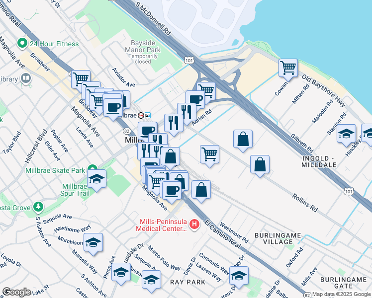 map of restaurants, bars, coffee shops, grocery stores, and more near 50 Broderick Rd in Burlingame