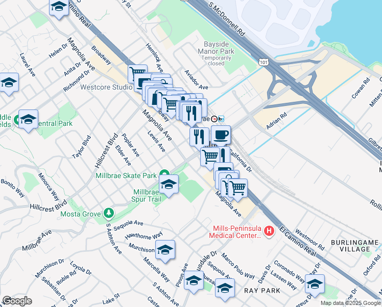 map of restaurants, bars, coffee shops, grocery stores, and more near 10 Magnolia Avenue in Millbrae