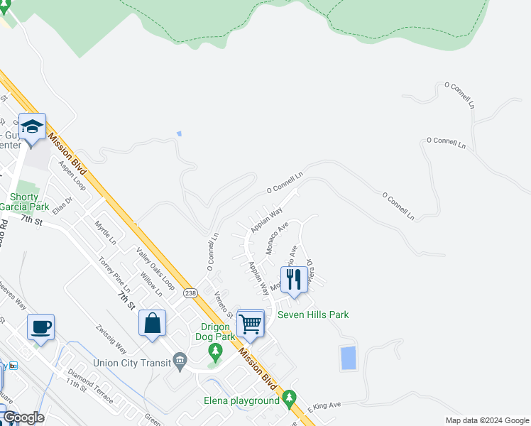 map of restaurants, bars, coffee shops, grocery stores, and more near 478 Appian Way in Union City