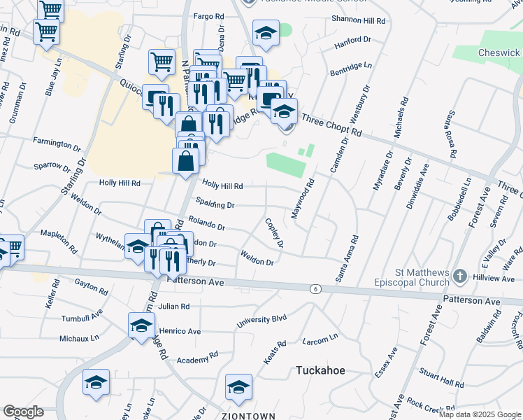 map of restaurants, bars, coffee shops, grocery stores, and more near 1210 Bridle Lane in Richmond