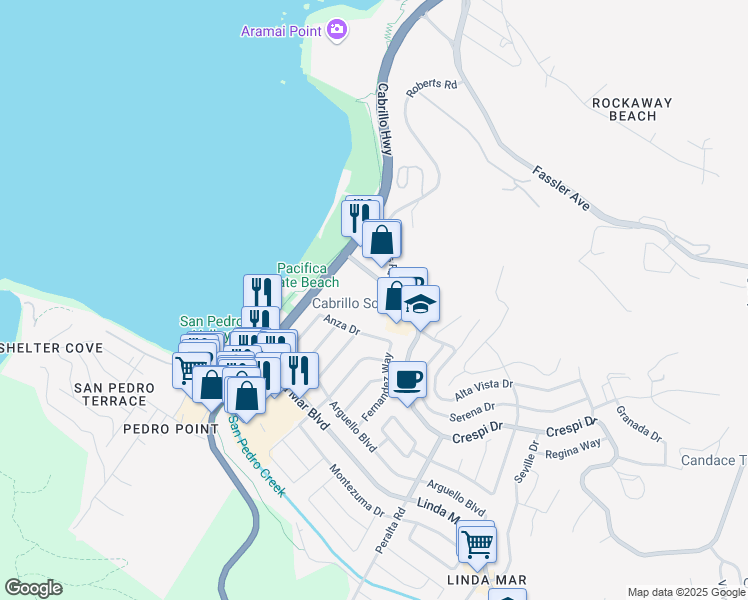map of restaurants, bars, coffee shops, grocery stores, and more near 580 Crespi Drive in Pacifica