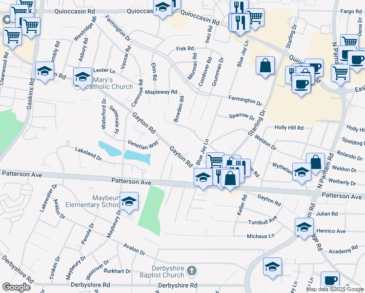 map of restaurants, bars, coffee shops, grocery stores, and more near 9114 Gayton Road in Richmond