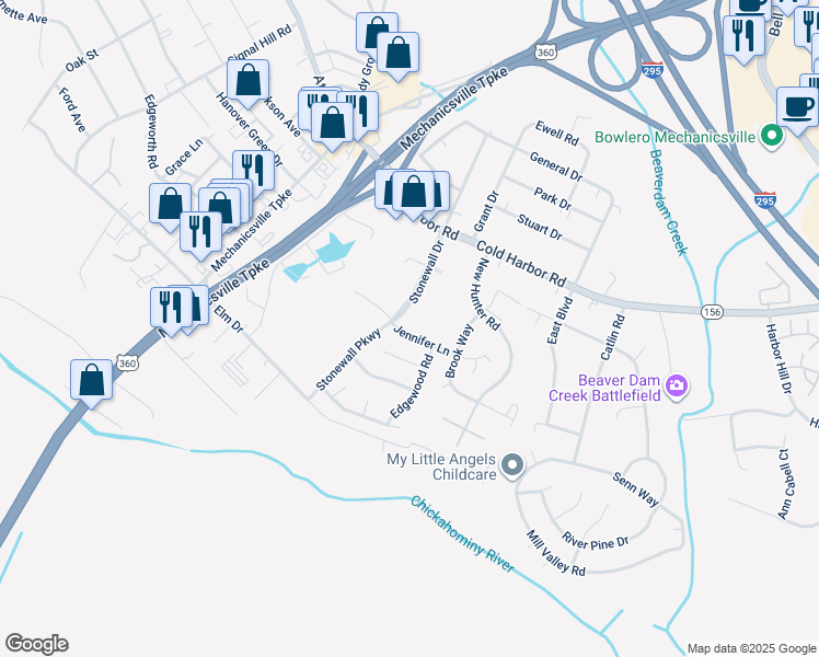 map of restaurants, bars, coffee shops, grocery stores, and more near 7482 Jennifer Lane in Mechanicsville