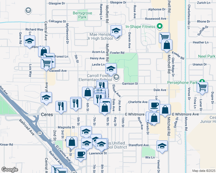 map of restaurants, bars, coffee shops, grocery stores, and more near 2200 Moffett Road in Ceres