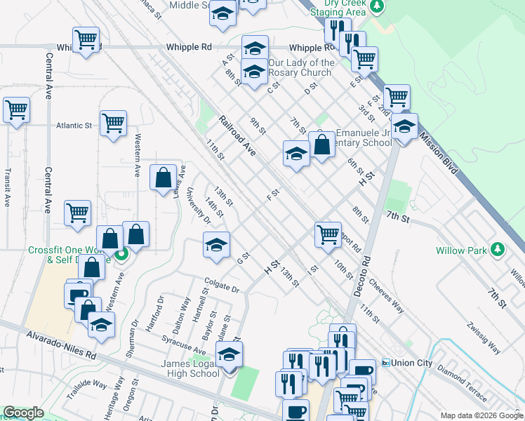 map of restaurants, bars, coffee shops, grocery stores, and more near 33601 11th Street in Union City