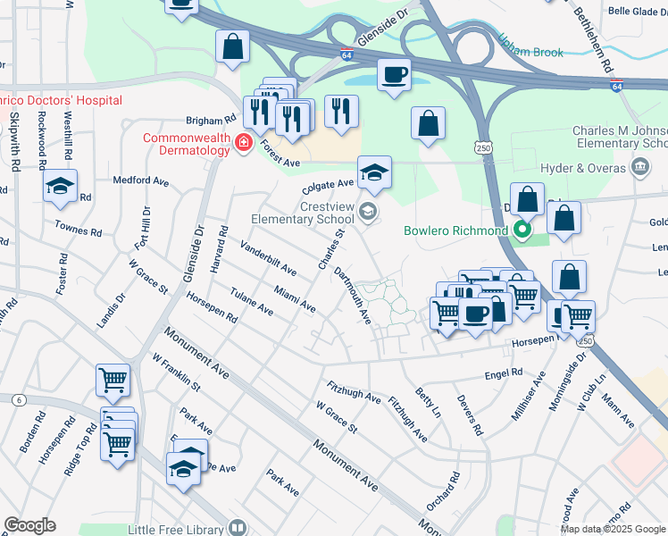 map of restaurants, bars, coffee shops, grocery stores, and more near 6868 Dartmouth Avenue in Richmond