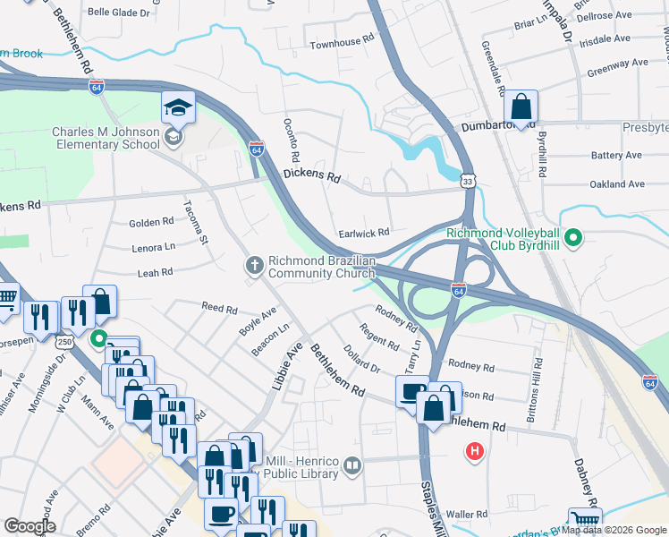 map of restaurants, bars, coffee shops, grocery stores, and more near 2545 Hickory Knoll Lane in Richmond