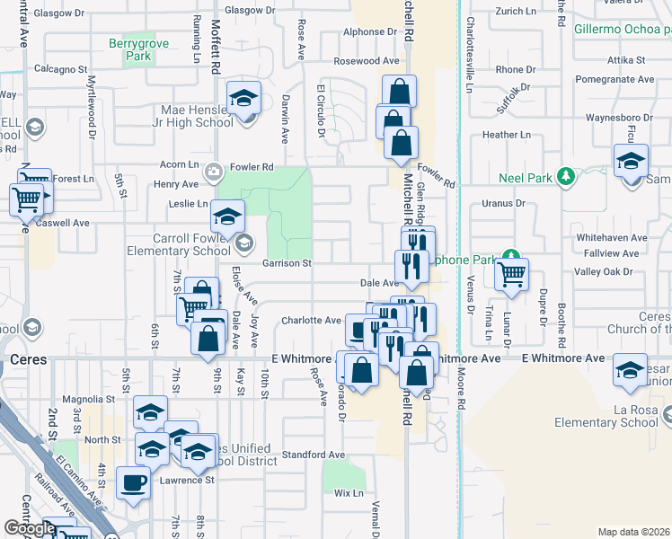 map of restaurants, bars, coffee shops, grocery stores, and more near 2820 Dale Avenue in Ceres
