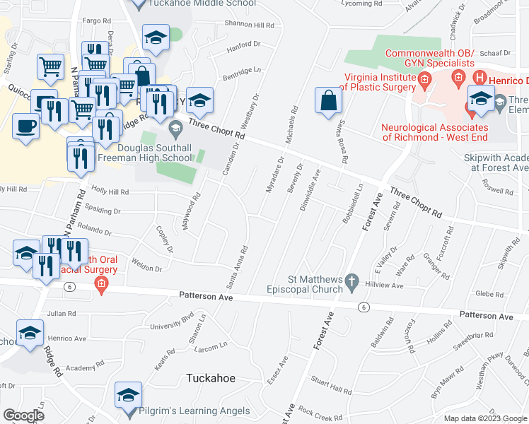 map of restaurants, bars, coffee shops, grocery stores, and more near 1401 Myradare Drive in Richmond