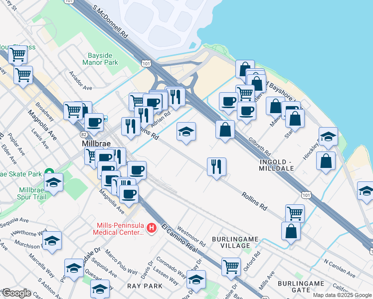 map of restaurants, bars, coffee shops, grocery stores, and more near in Burlingame