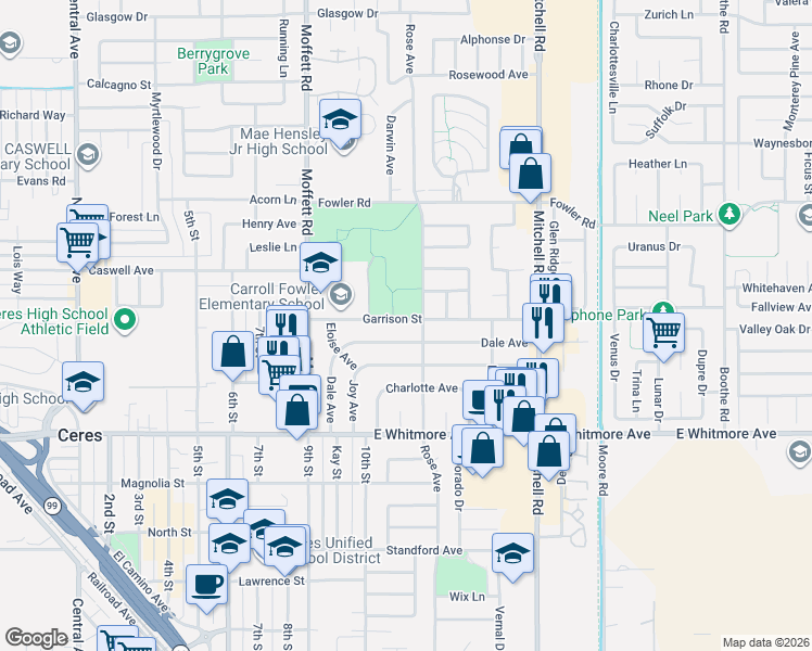 map of restaurants, bars, coffee shops, grocery stores, and more near 2728 Garrison Street in Ceres