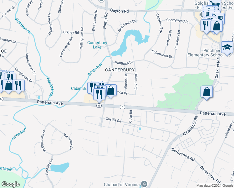 map of restaurants, bars, coffee shops, grocery stores, and more near 10505 Walbrook Drive in Henrico