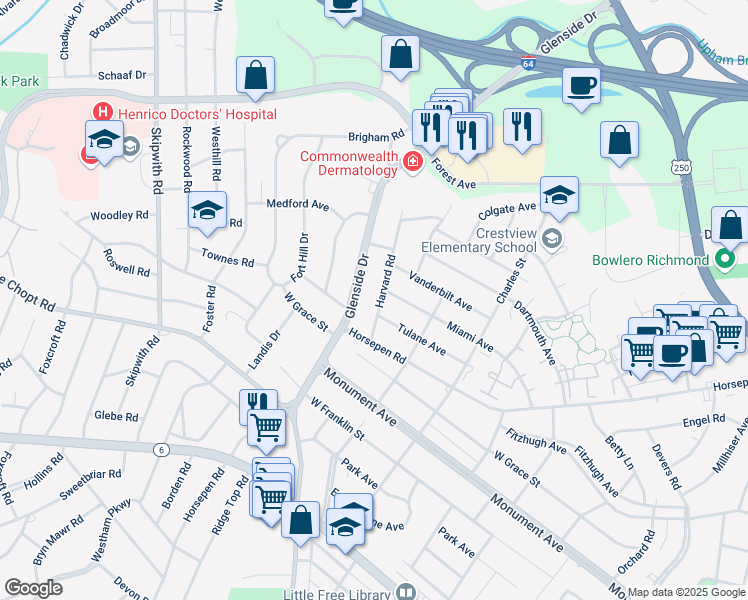 map of restaurants, bars, coffee shops, grocery stores, and more near 1604 Harvard Road in Richmond