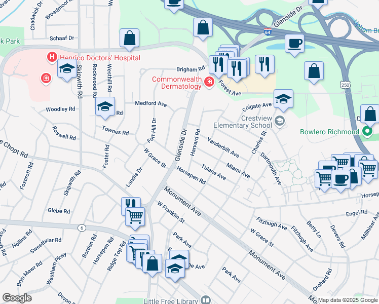 map of restaurants, bars, coffee shops, grocery stores, and more near 1604 Harvard Road in Richmond