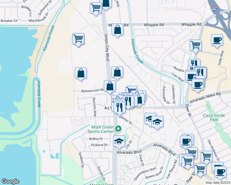 map of restaurants, bars, coffee shops, grocery stores, and more near 30720 Union City Boulevard in Union City
