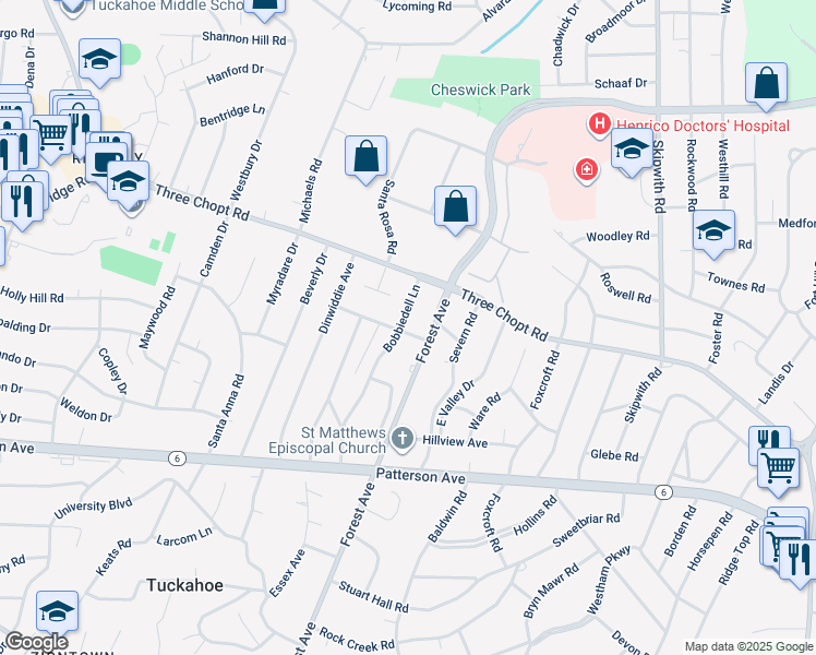 map of restaurants, bars, coffee shops, grocery stores, and more near 1401 Bobbiedell Lane in Henrico
