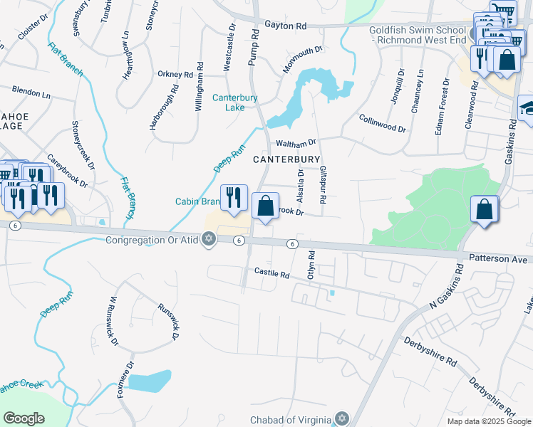 map of restaurants, bars, coffee shops, grocery stores, and more near 10507 Walbrook Drive in Richmond