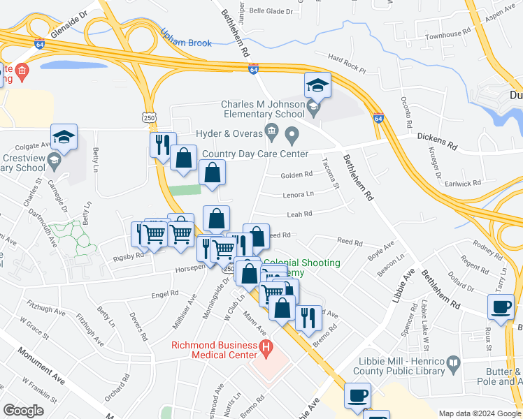 map of restaurants, bars, coffee shops, grocery stores, and more near 2302 Leah Road in Richmond