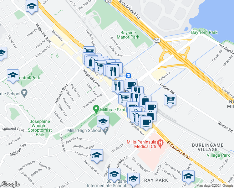map of restaurants, bars, coffee shops, grocery stores, and more near 88 South Broadway in Millbrae